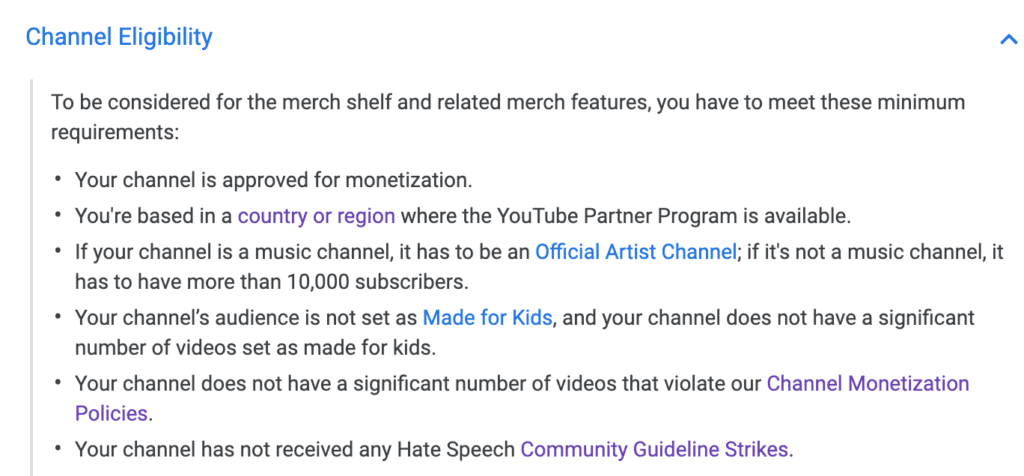 The eligibility criterion for selling branded merchandise to make money on YouTube