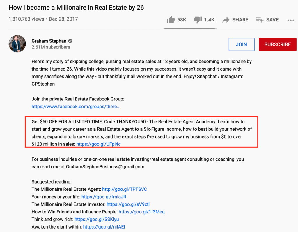 A screenshot of a video description with a link to his course