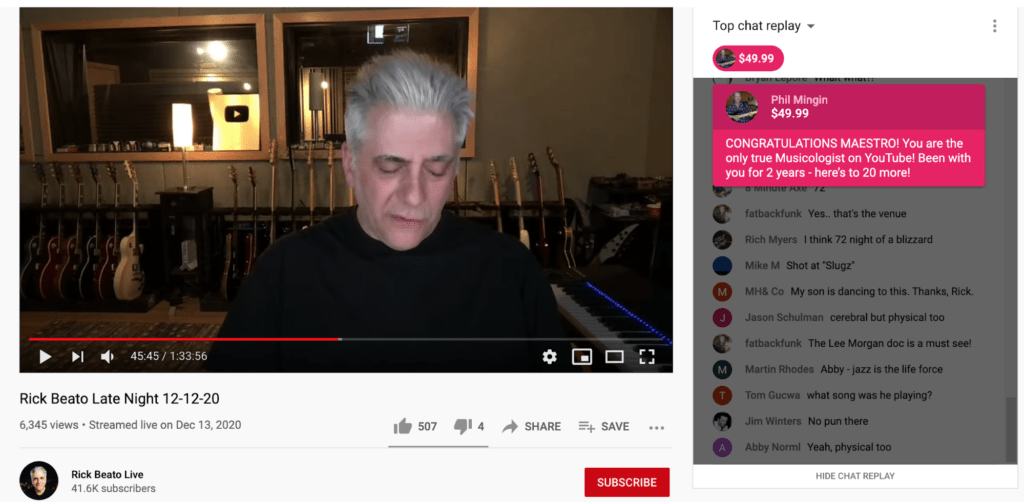 A screenshot of a rick beato live to make money on YouTube