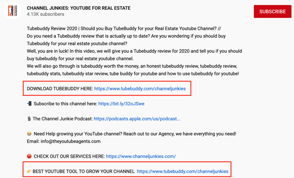 A screengrab of the affiliate links for TubeBuddy in the description to make money on YouTube