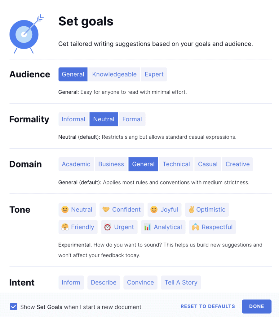 Set goals on Grammarly to match your writing style