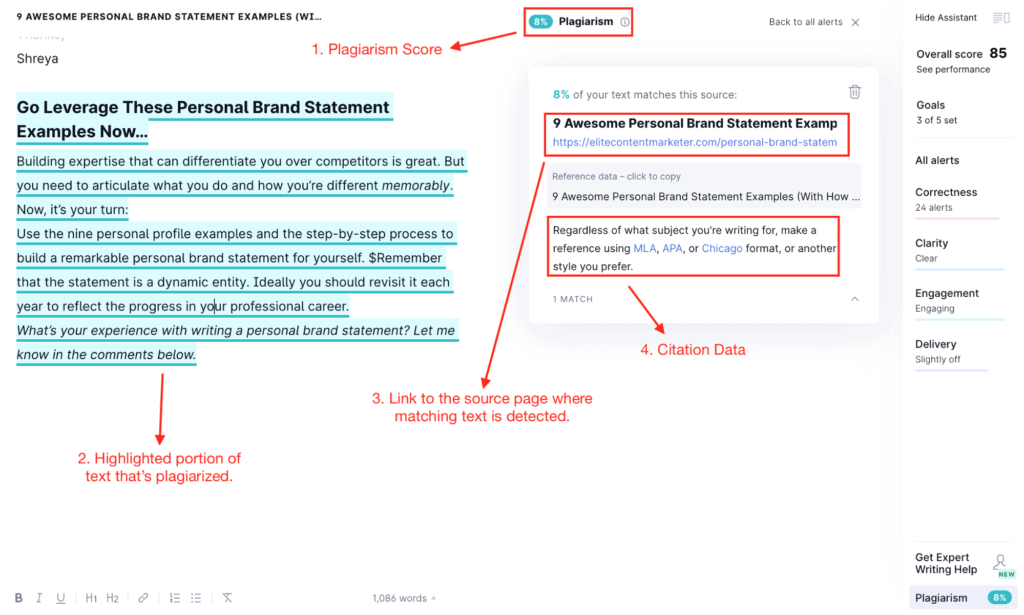 Plagiarism check and suggestions on Grammarly