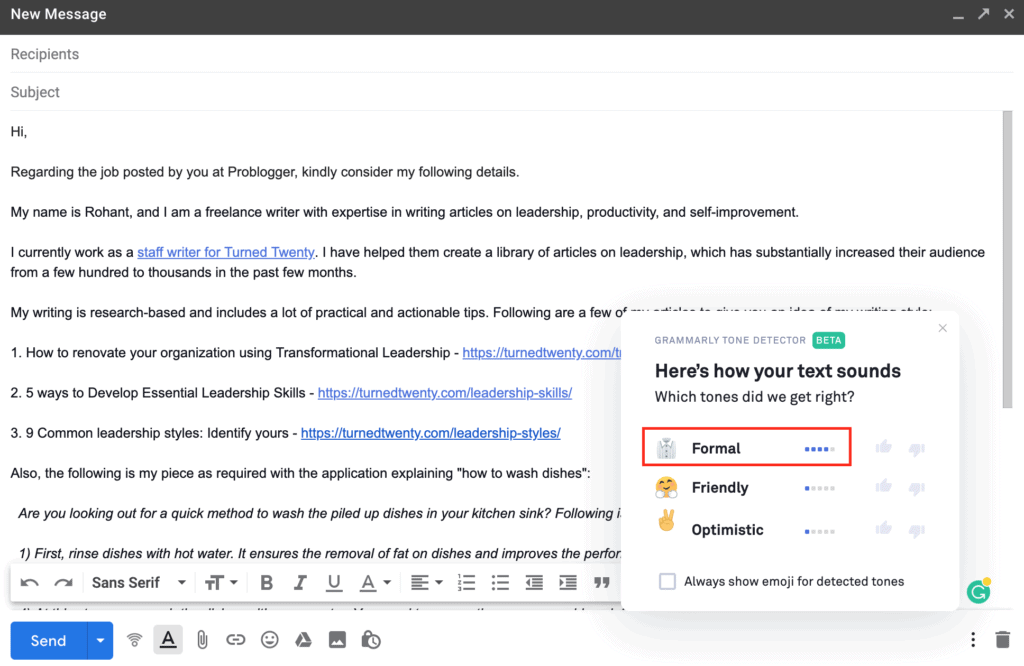 Grammarly suggestions on email