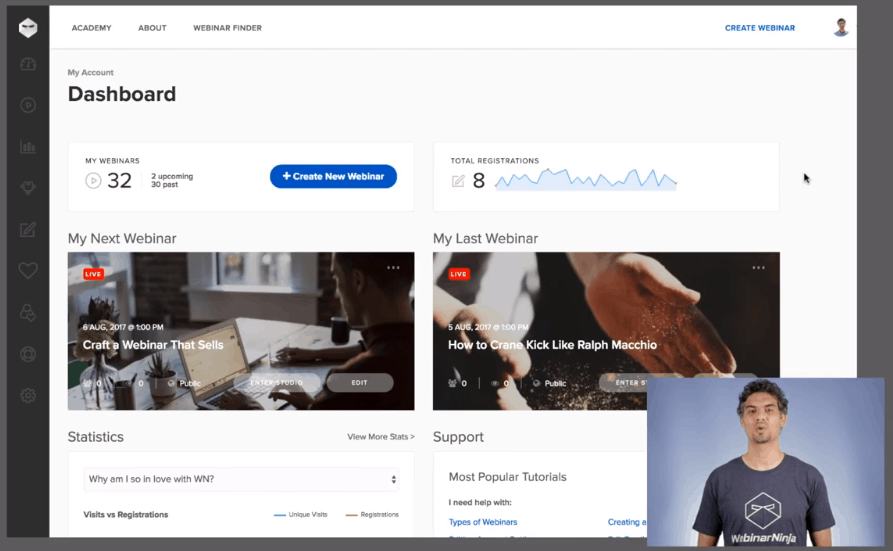 WebinarNinja Dashboard with your next and last Webinars