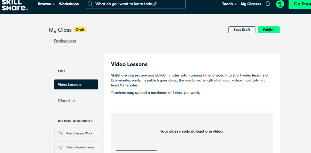 The dashboard on SkillShare