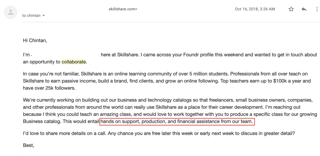 The email recieved from the SkillShare team regarding taking content to their platform