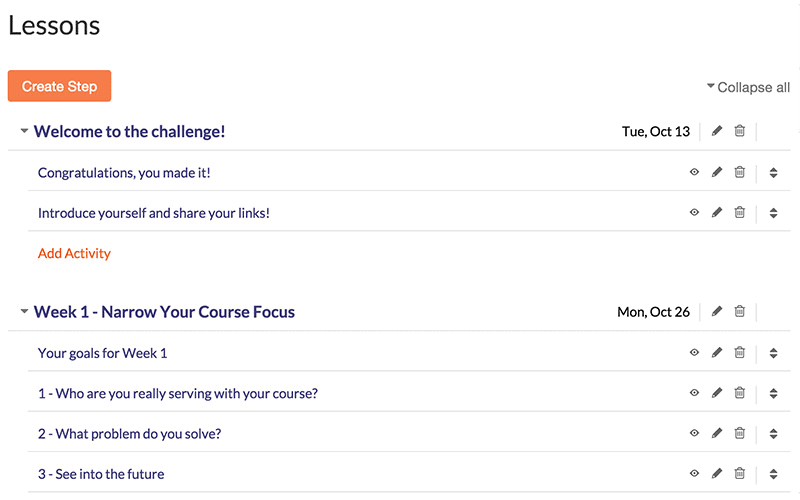 The Course creation dashboard on Ruzuku depicting a lesson