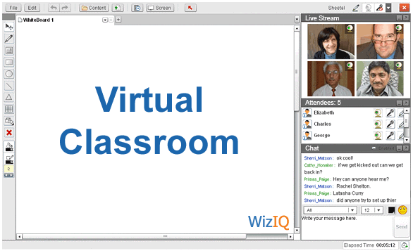 The virtual classroom interface incluing the livestream, the attendees and the chat
