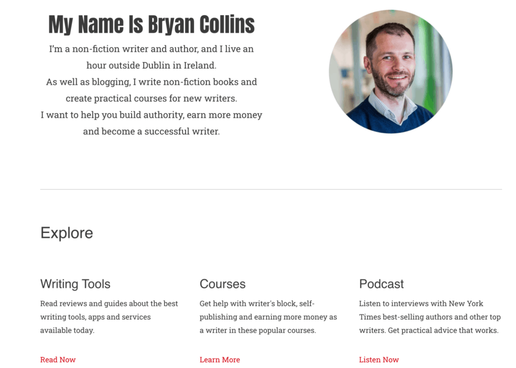 The picture has text about Bryan Collins as well as an explore section with several columns, there is also a picture of Bryan on the right hand side corner