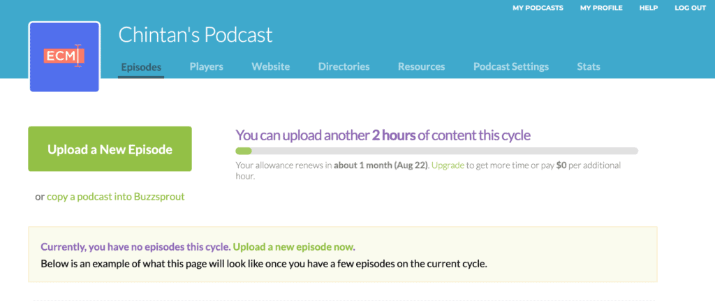 Buzzsprout dashboard and episode upload limit