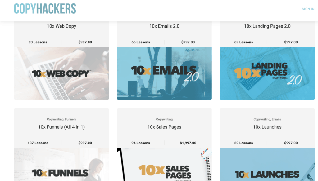 A list of several courses offered by Copyhackers