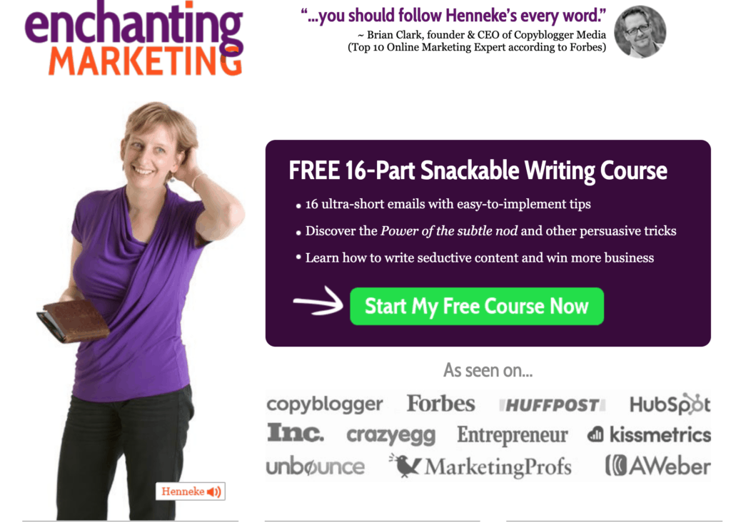 A banner for Enchanting Marketing with a woman at the bottom left of the screen