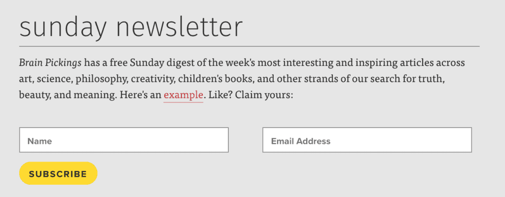 Sunday newsletter with a big yellow subscribe button