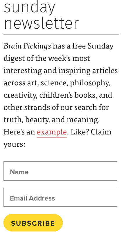 Sunday Newsletter with a big yellow subscribe button
