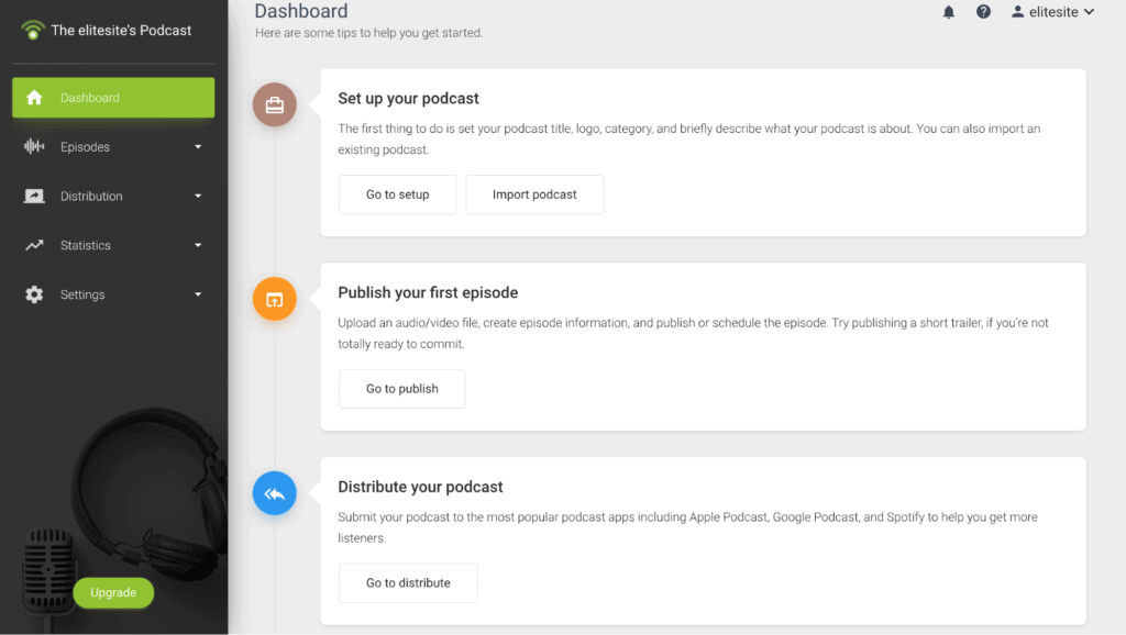 The Dashboard for the creator on PodBean