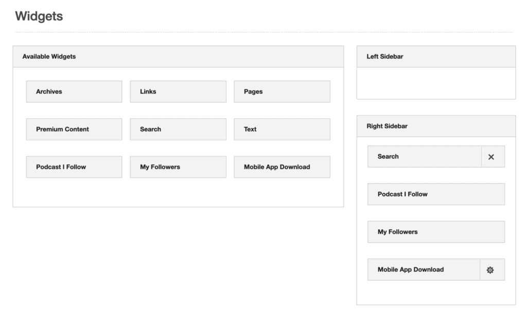 The various widgets available to the user on PodBean