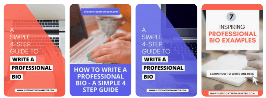 Design templates for Pinterest with pictures of a Typewriter and text stating 7 professional bio examples