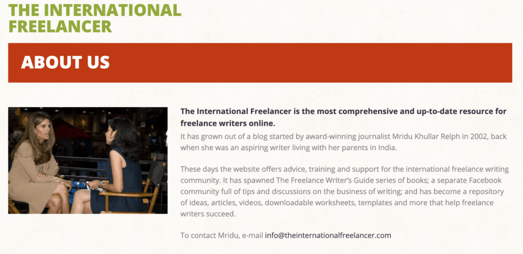 A screenshot depicting the about us page for international freelancer with a picture of two women