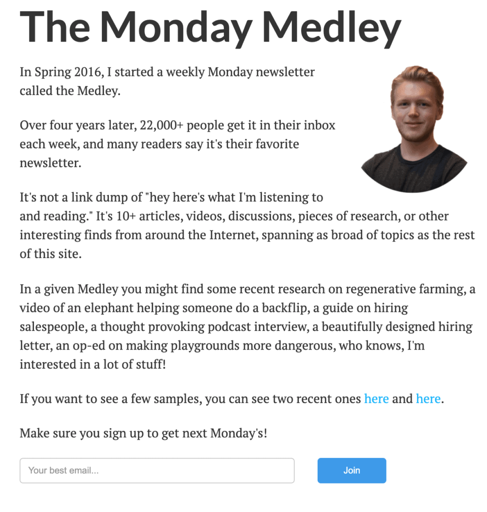 Newsletter page with the picture of a man at the top right hand side corner