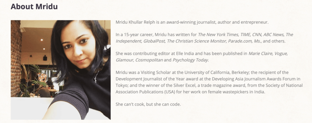 About Mridu page with a selfie of a woman