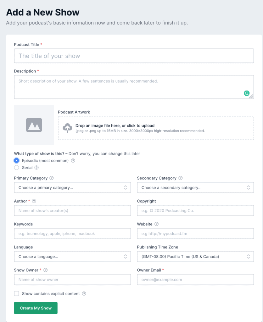 Adding the basic information for your podcast