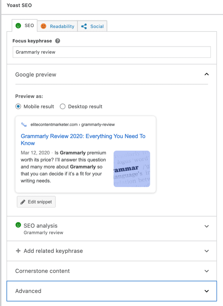 The Yoast SEO interface with a keyphrase, a google preview and several other options
