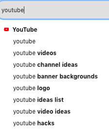 A drop down box depicting several search results related to Youtube