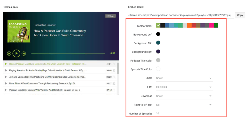 A sneak peak along with the embedding code of a podcast