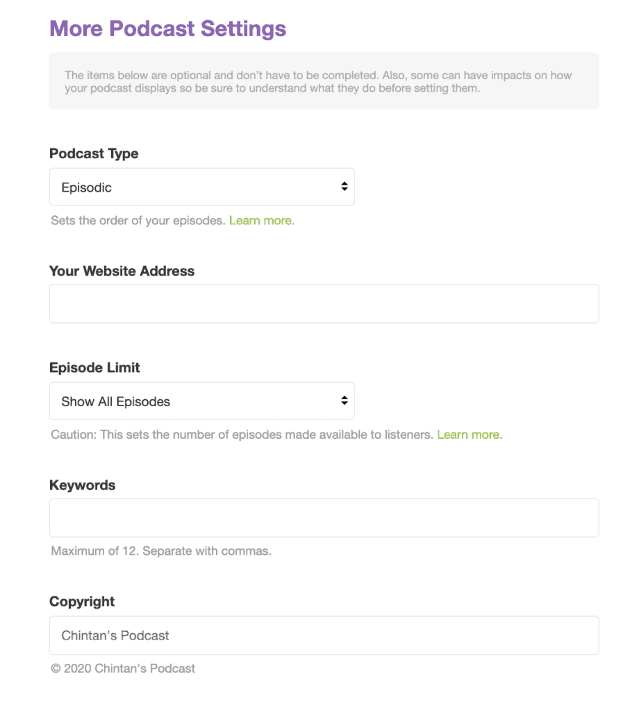 More settings including the type, the website address, the episode limit amongst other things