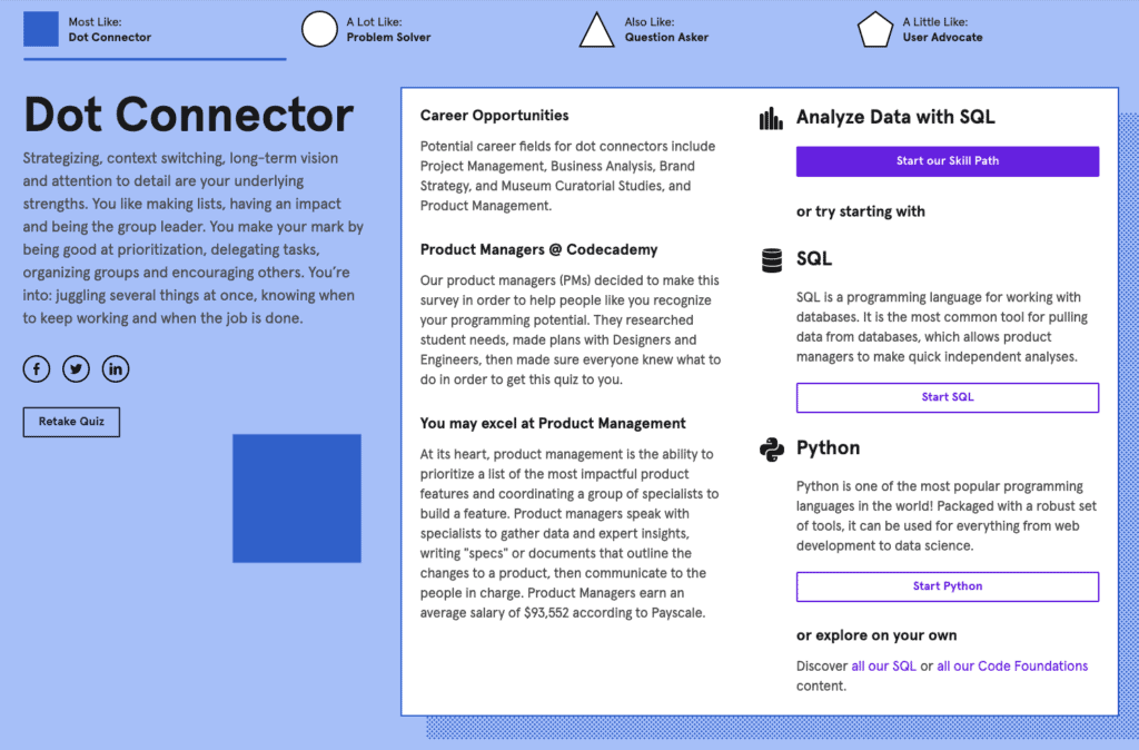 The Dot Connector quiz for a course