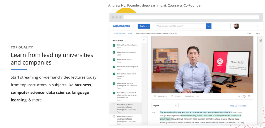 SC of a course page on top learning platform coursera