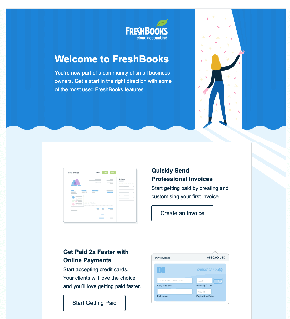 The welcome page of FreshBooks software