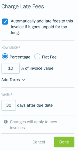 The late fees form on Freshbooks