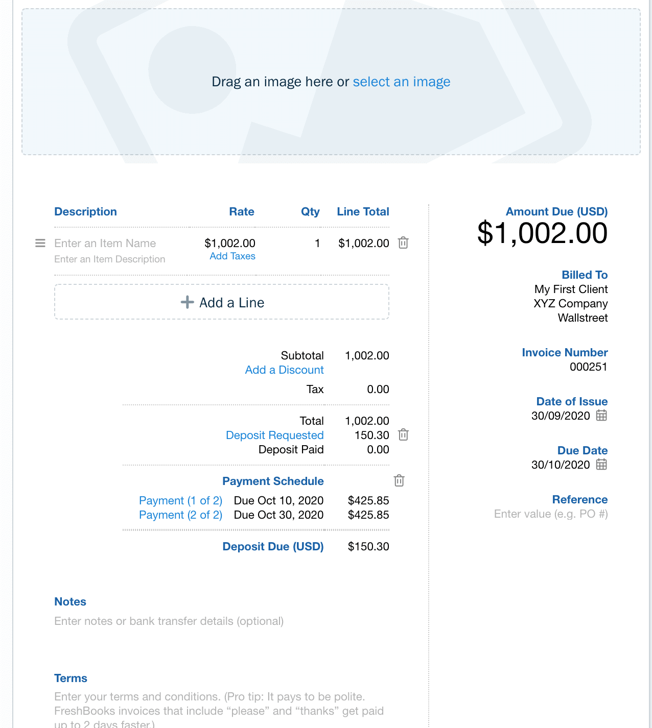 An invoice template on Freshbooks review