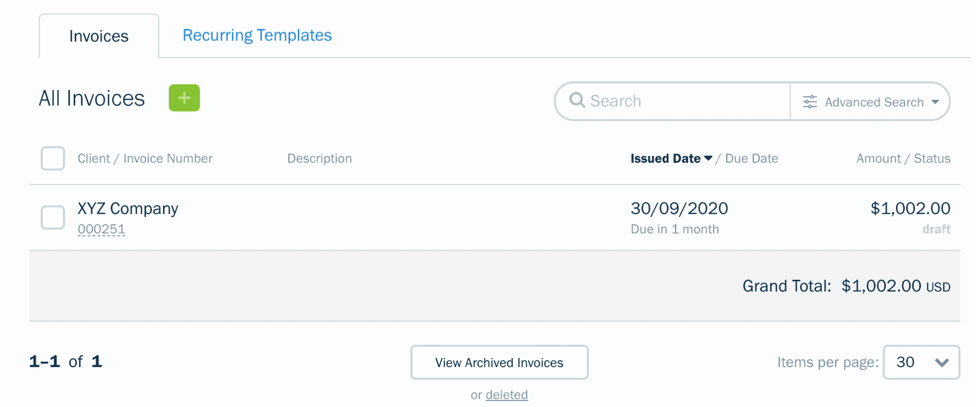 Invoice list showing invoice for XYZ company