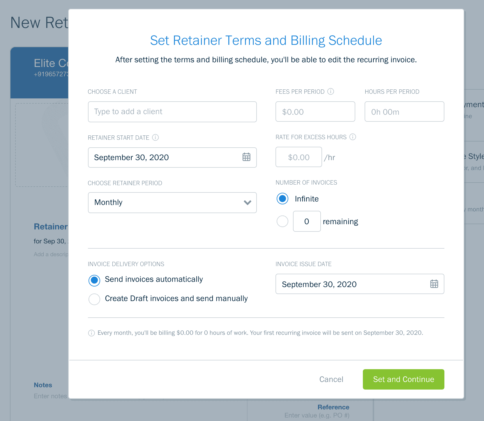 setting the retainer billing schedule on Freshbooks review