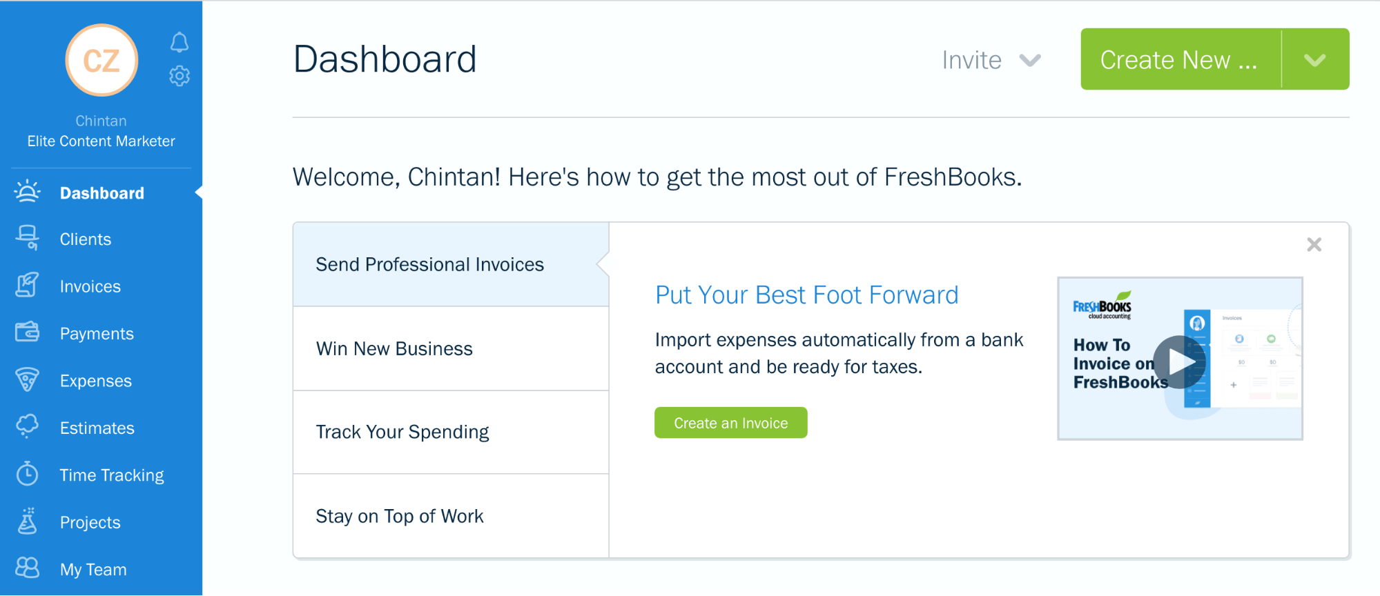 The dashboard on Freshbooks review