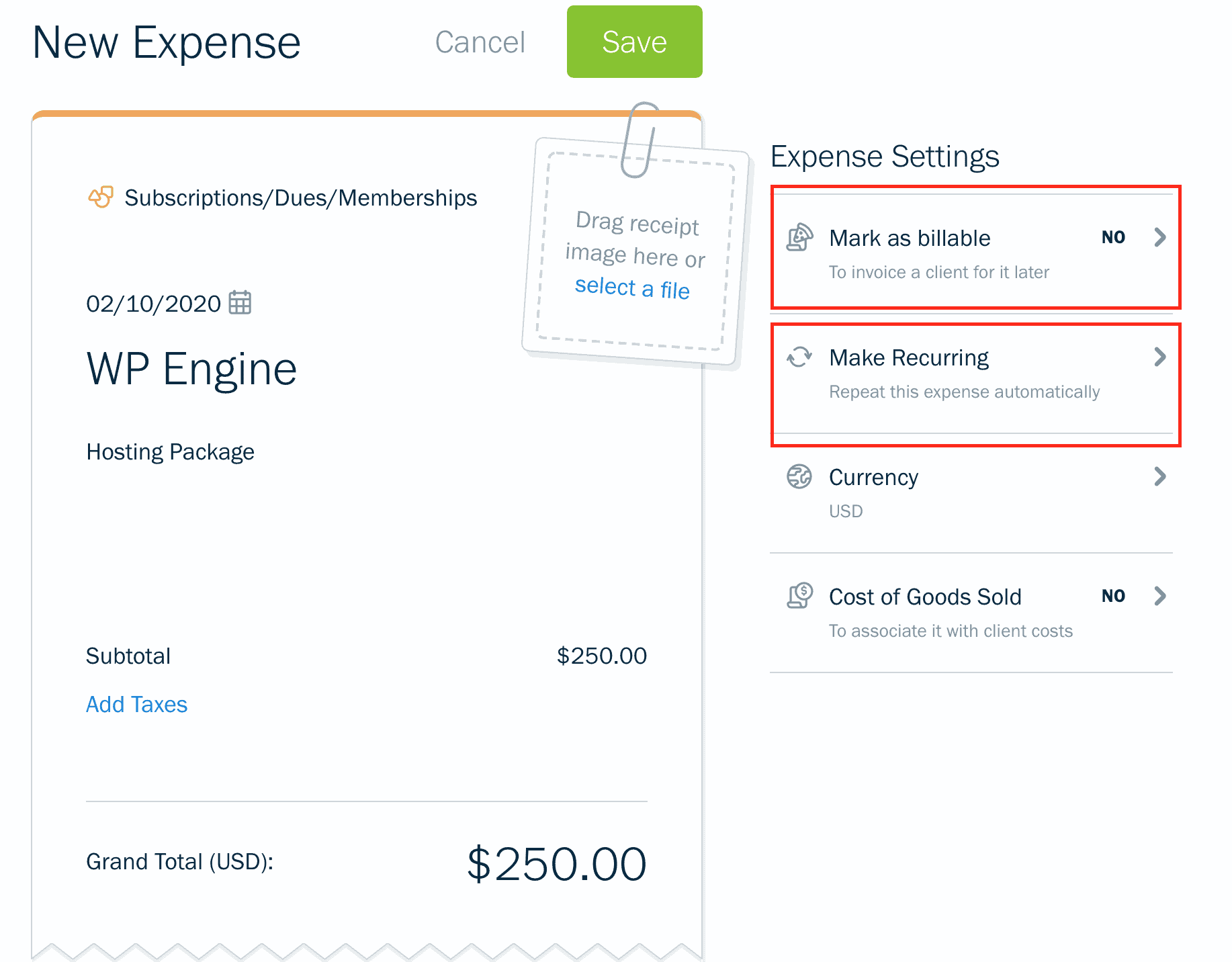 New expense and other options on Freshbooks