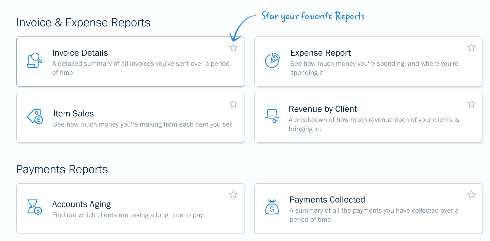 The various reports that you can access from the reports tab