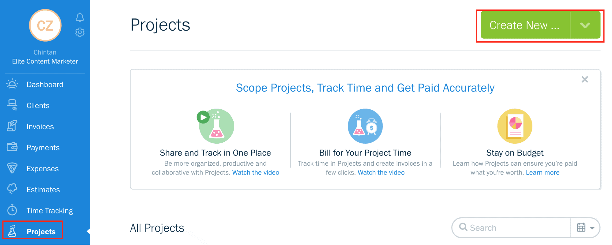 The Projects banner on Freshbooks