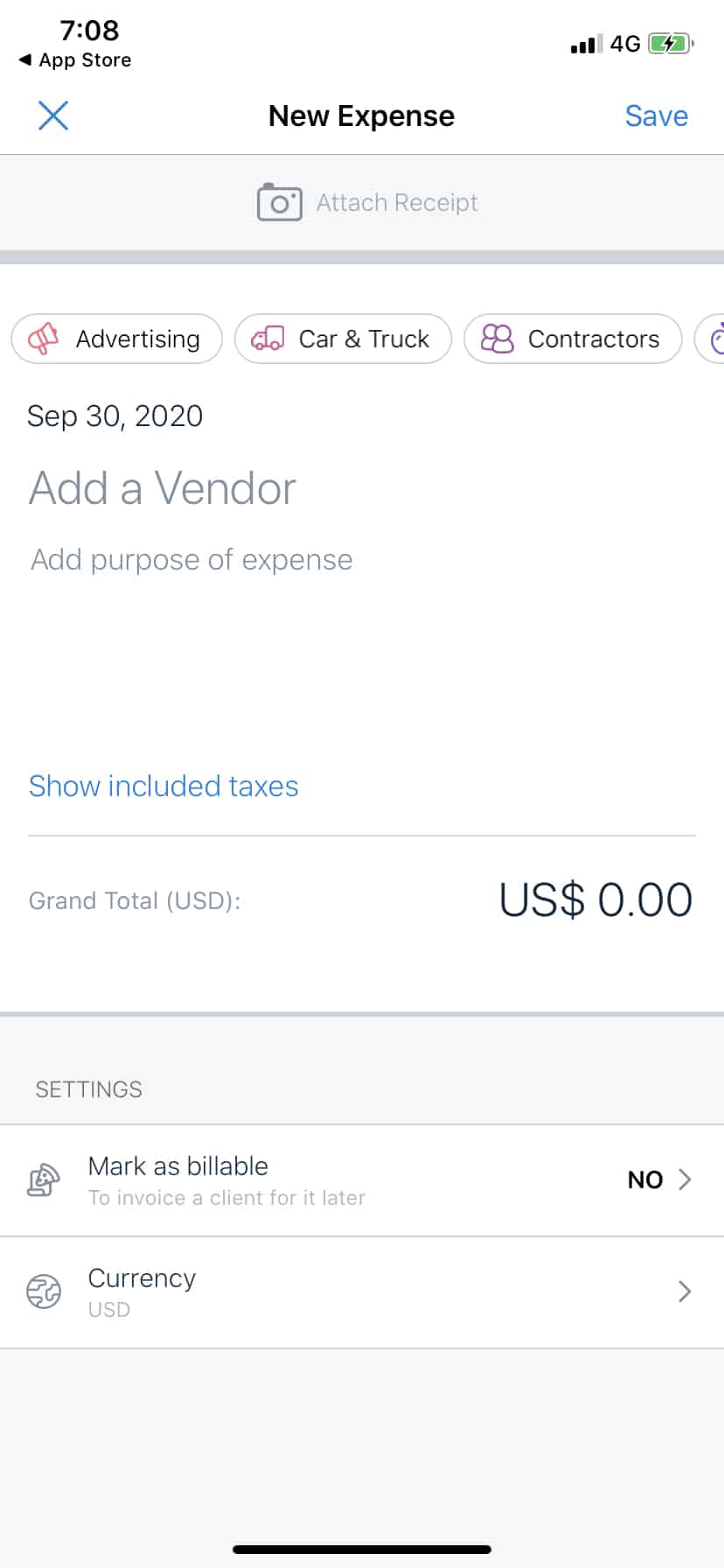 Creating a new expense list on Freshbooks