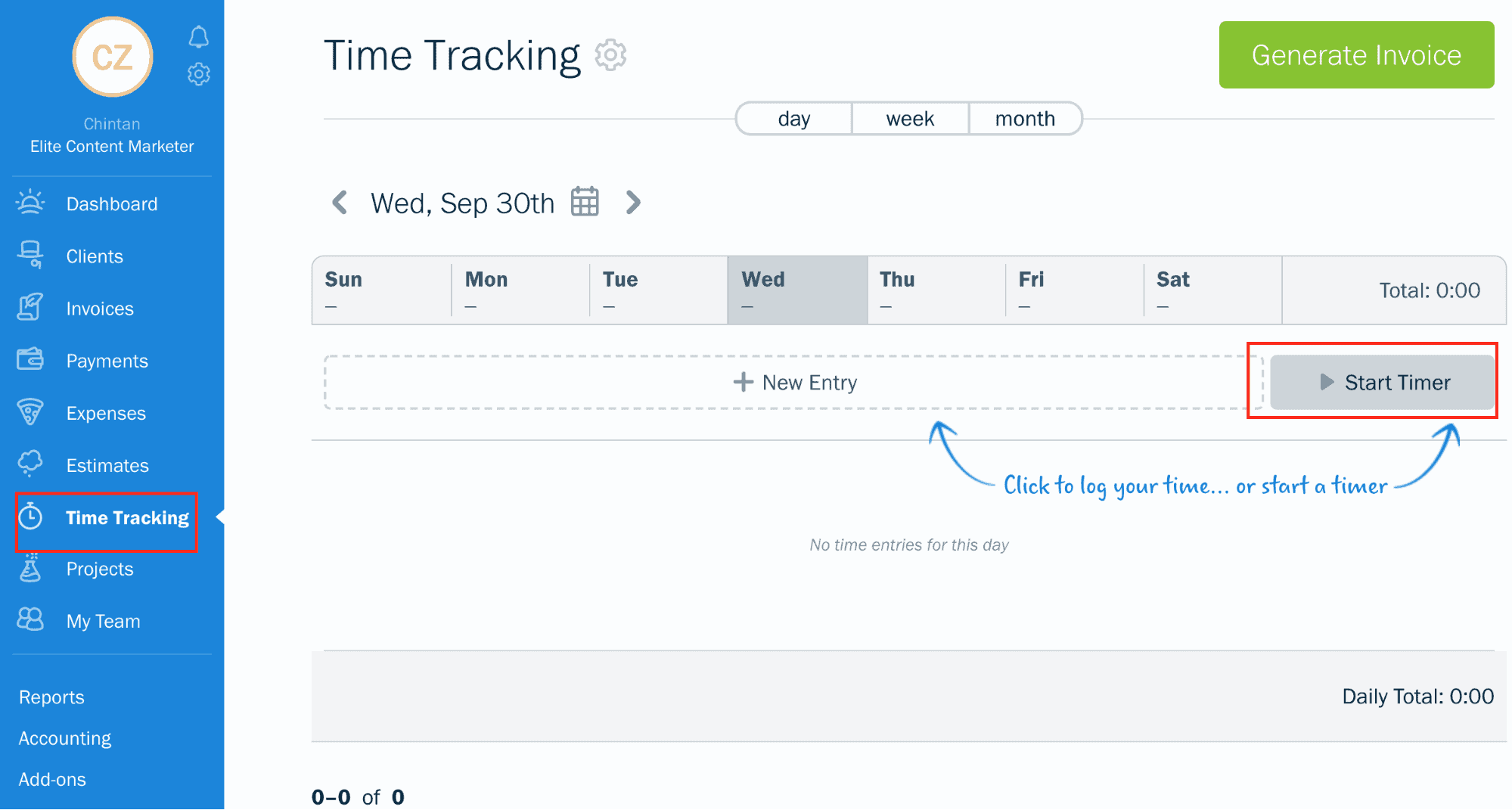 Time tracking on the mobile app