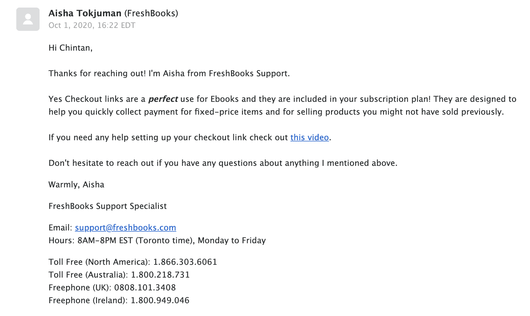 The customer service email from Freshbooks review