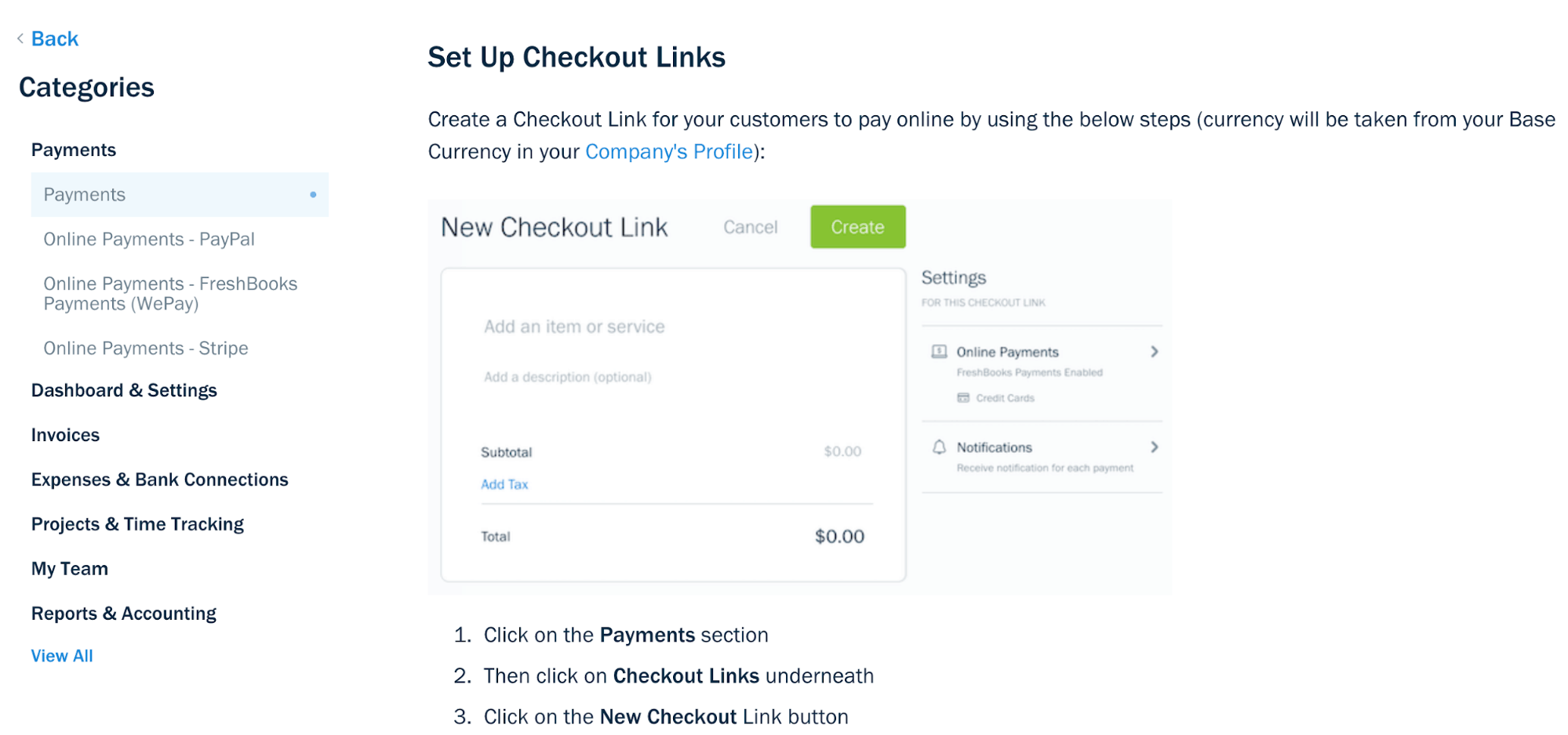 Setting up a checkout link on Freshbooks review