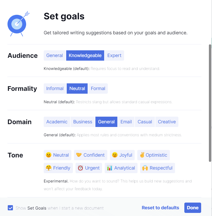 the various goals that one can set on Grammarly