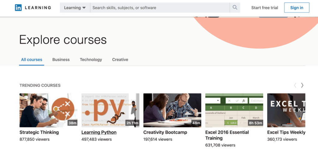 The main LinkedIn Learning page