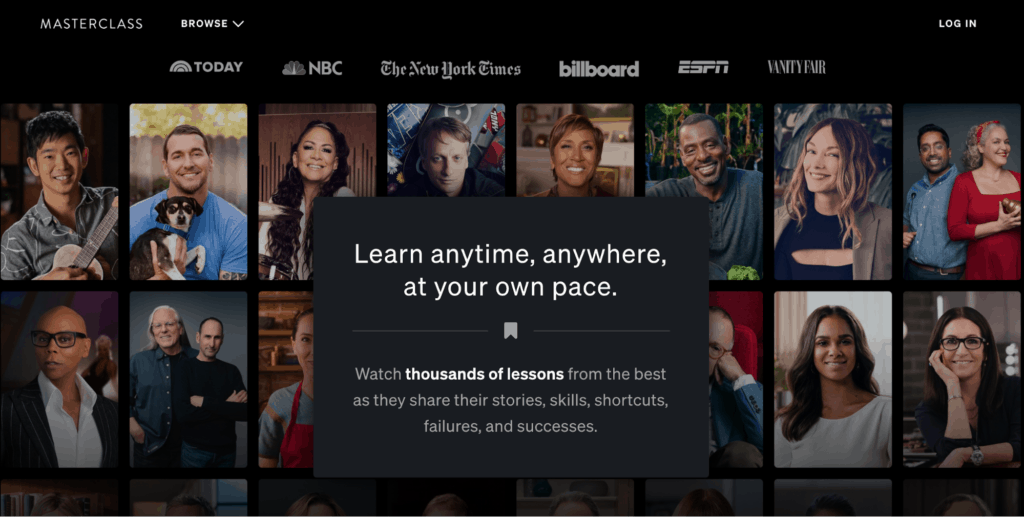 The welcome page on top learning platform Masterclass