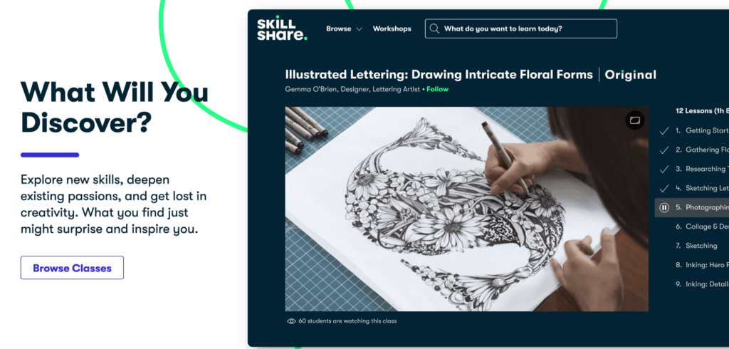 Discover page on top learning platform Skillshare