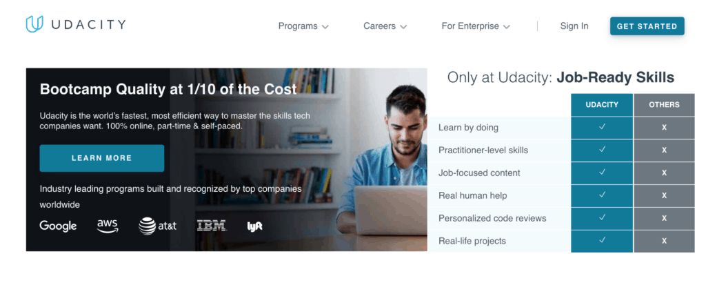 the home page for top learning platform Udacity