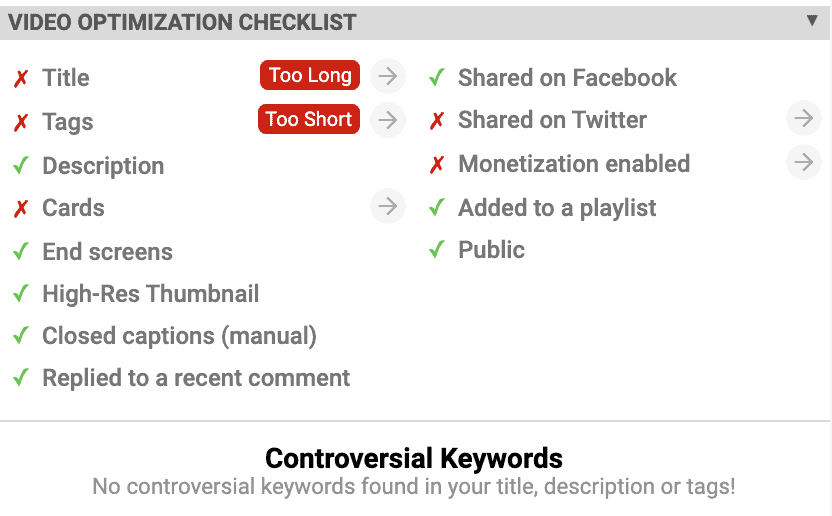 Video optimisation checklist on vidIQ along with controversial keywords